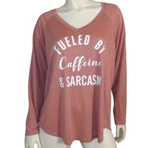 FUELED BY CAFFEINE & SARCASM Tee, 2/2X, Pink, White text, Long sleeve, TORRID